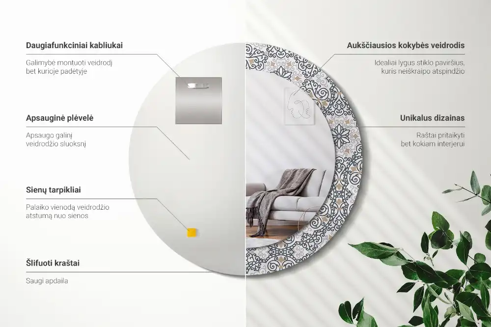 Oglindă rotundă decorativă de perete cu ornamente geometrice
