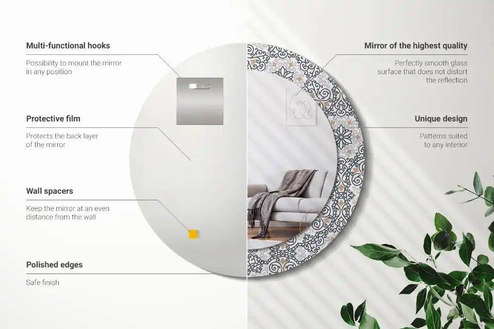 Oglindă rotundă decorativă de perete cu ornamente geometrice