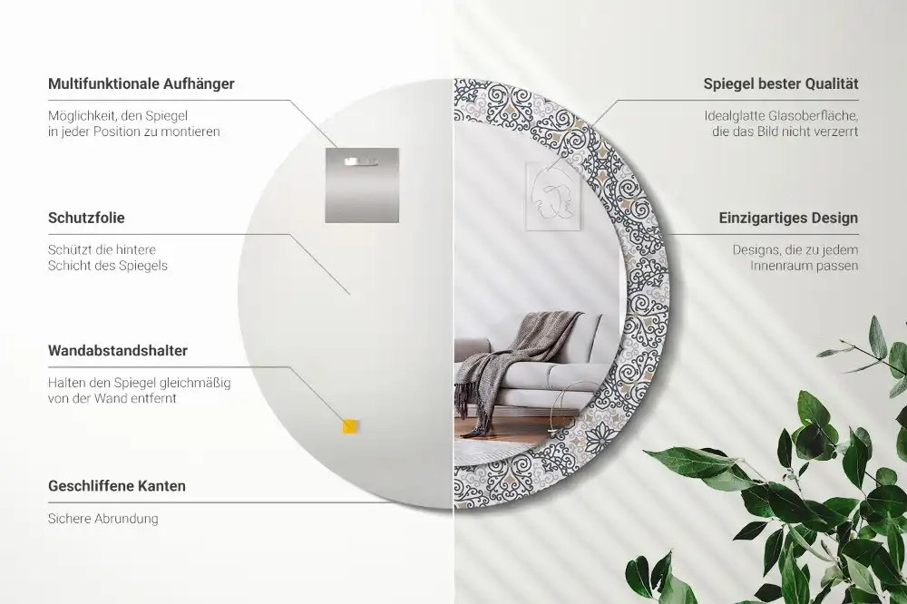 Oglindă rotundă decorativă de perete cu ornamente geometrice