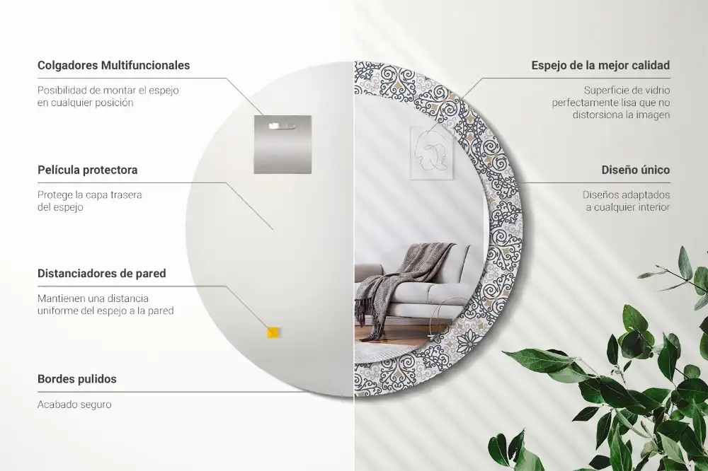 Oglindă rotundă decorativă de perete cu ornamente geometrice