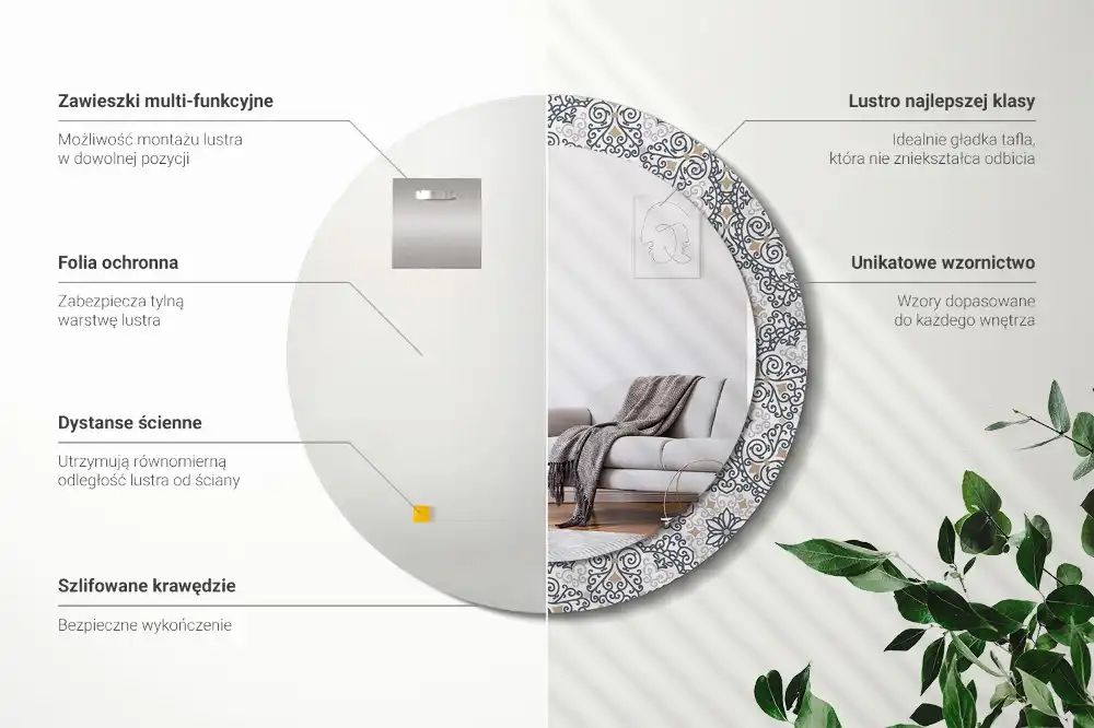 Oglindă rotundă decorativă de perete cu ornamente geometrice
