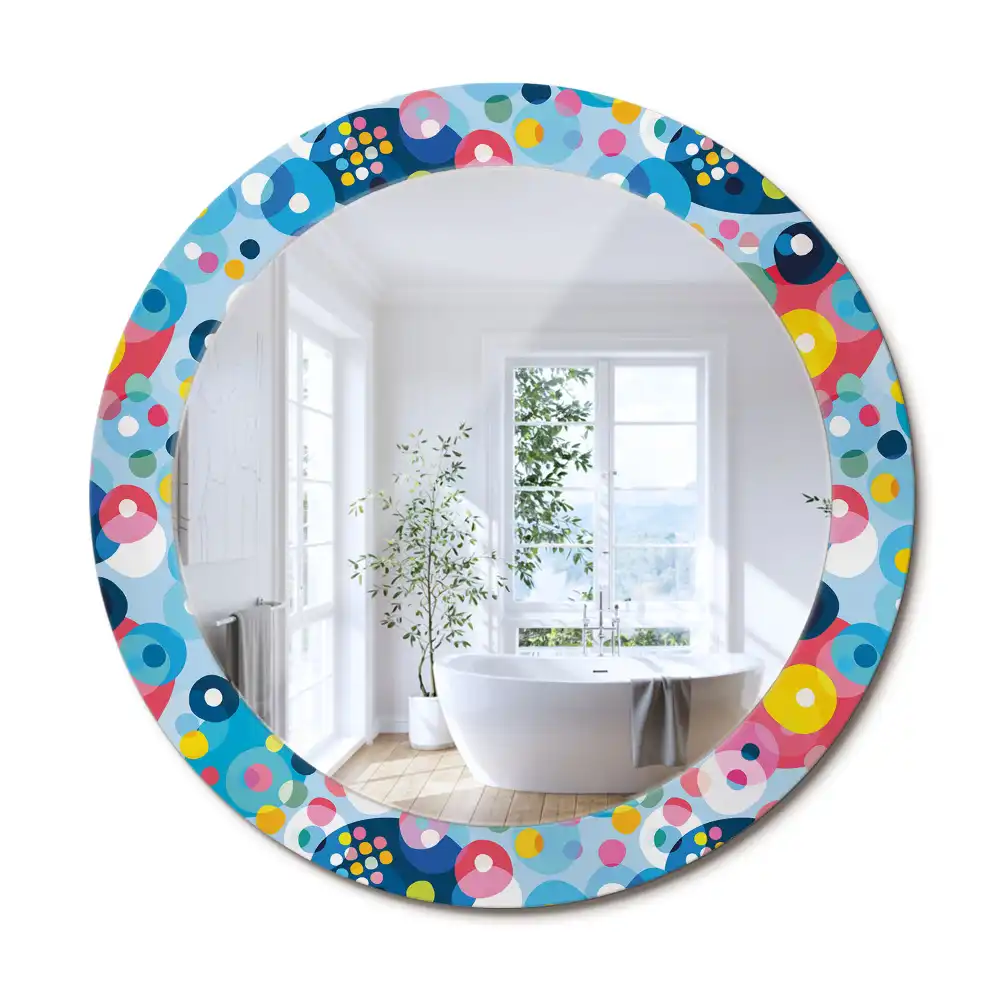 Oglindă rotundă cu ramă imprimată cu cercuri colorate