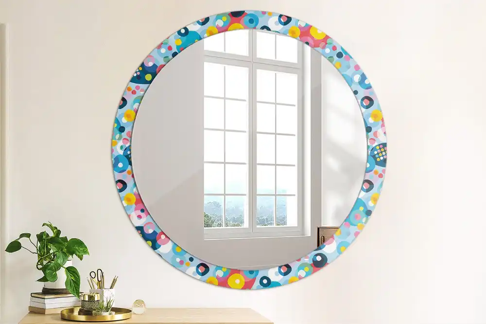 Oglindă rotundă cu ramă imprimată cu cercuri colorate