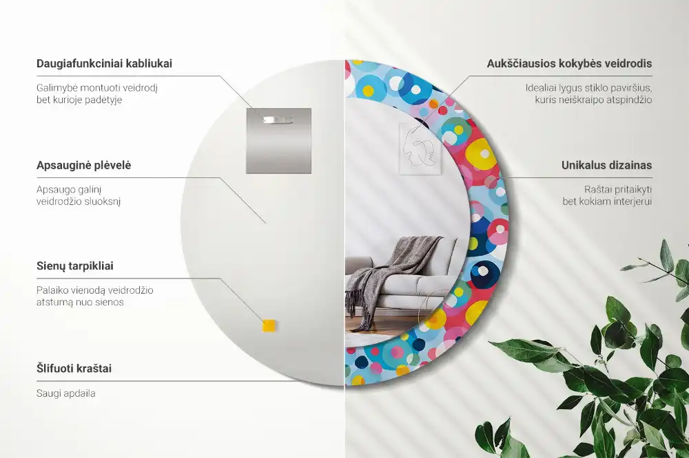Oglindă rotundă cu ramă imprimată cu cercuri colorate