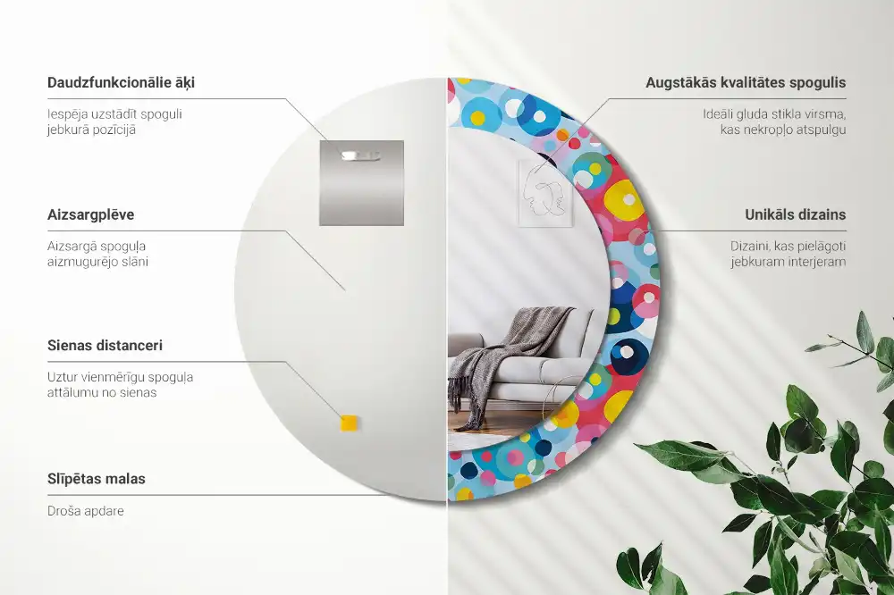 Oglindă rotundă cu ramă imprimată cu cercuri colorate