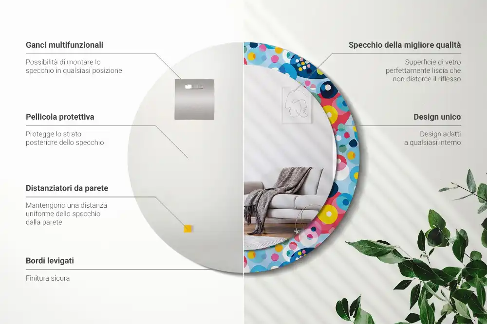 Oglindă rotundă cu ramă imprimată cu cercuri colorate
