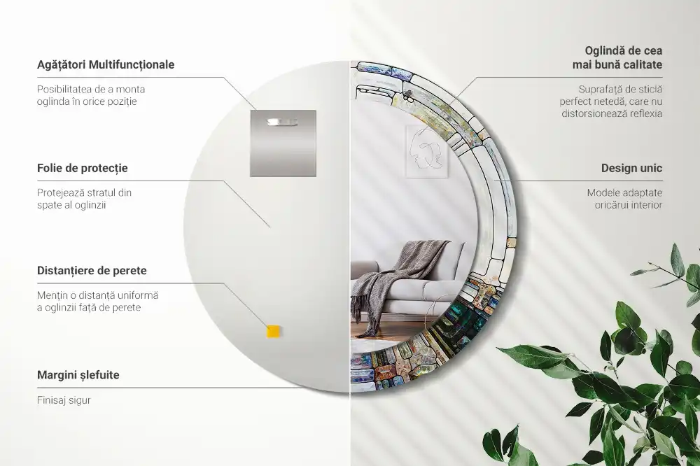 Oglindă rotundă decorativă cu vitraliu