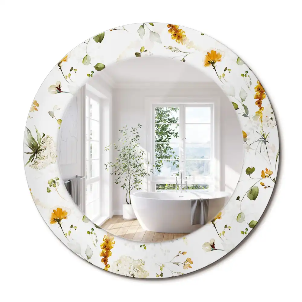 Oglindă rotundă cu ramă decorată cu imprimeu flori sălbatice