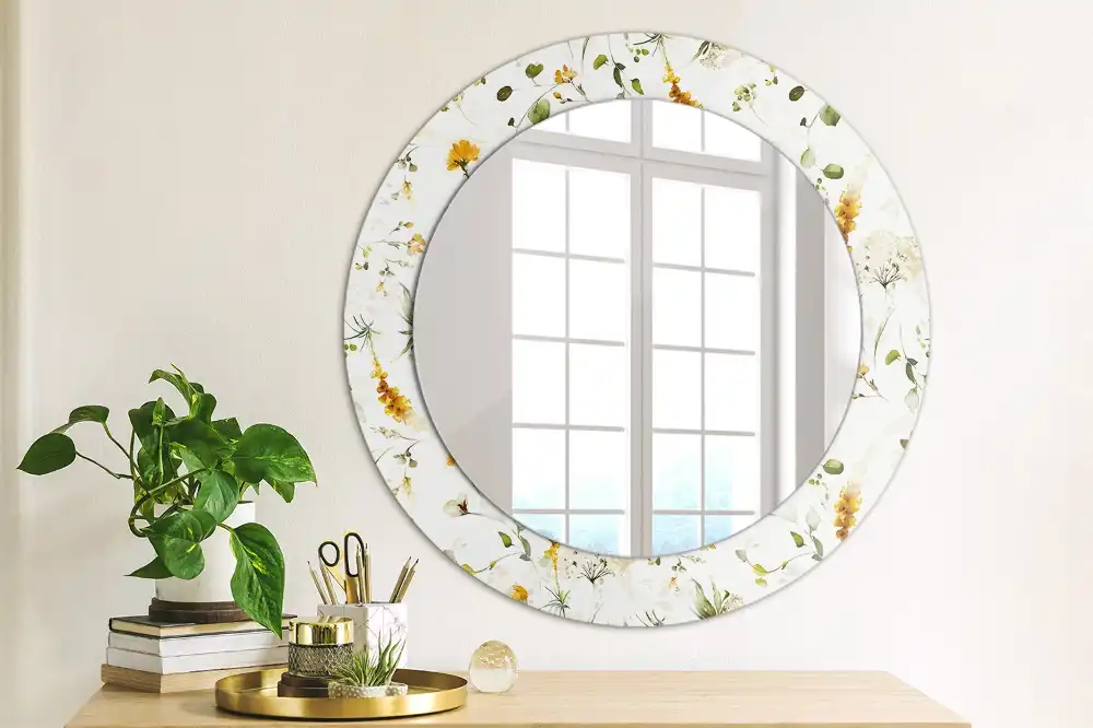 Oglindă rotundă cu ramă decorată cu imprimeu flori sălbatice