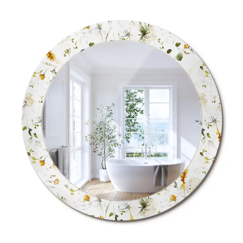 Oglindă rotundă cu ramă decorată cu imprimeu flori sălbatice