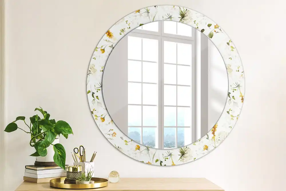 Oglindă rotundă cu ramă decorată cu imprimeu flori sălbatice