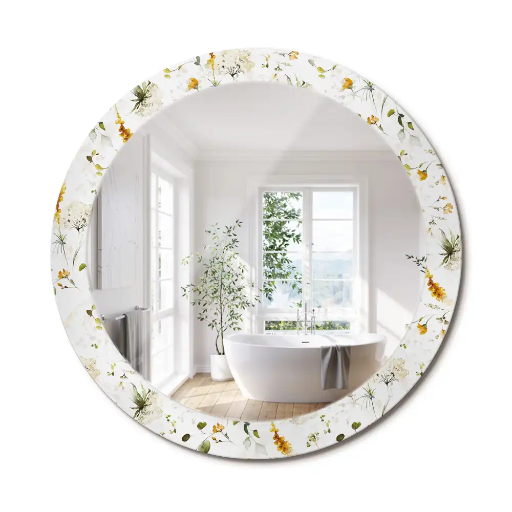 Oglindă rotundă cu ramă decorată cu imprimeu flori sălbatice