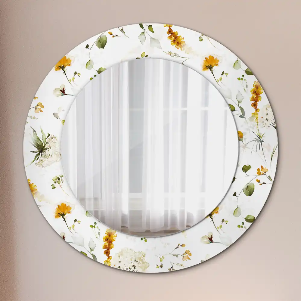 Oglindă rotundă cu ramă decorată cu imprimeu flori sălbatice