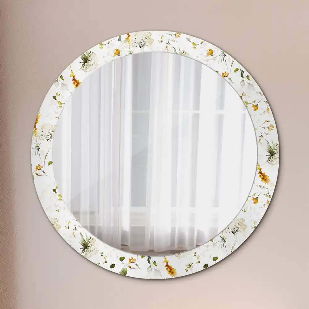Oglindă rotundă cu ramă decorată cu imprimeu flori sălbatice