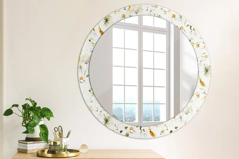 Oglindă rotundă cu ramă decorată cu imprimeu flori sălbatice