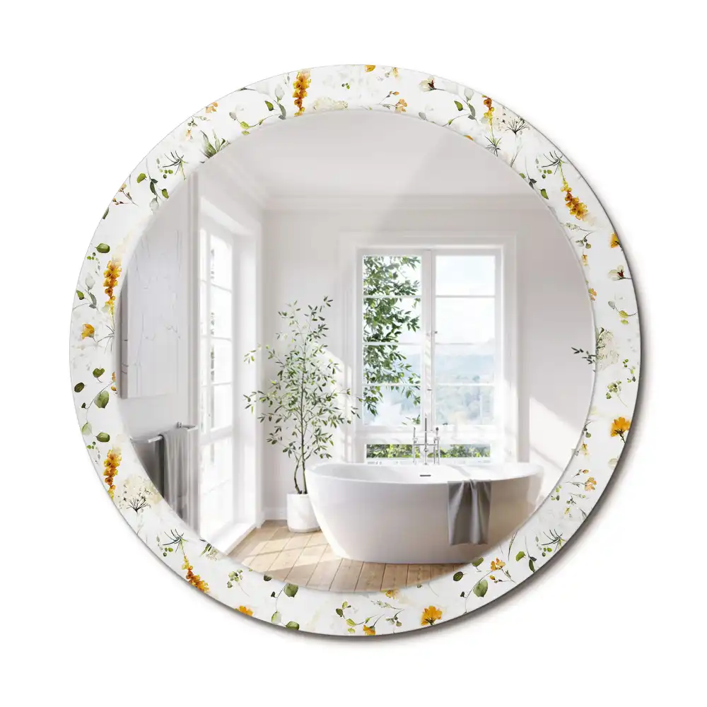Oglindă rotundă cu ramă decorată cu imprimeu flori sălbatice