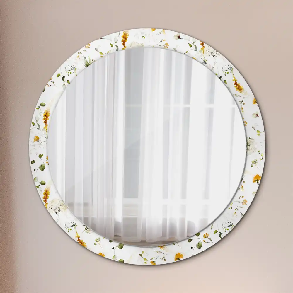 Oglindă rotundă cu ramă decorată cu imprimeu flori sălbatice