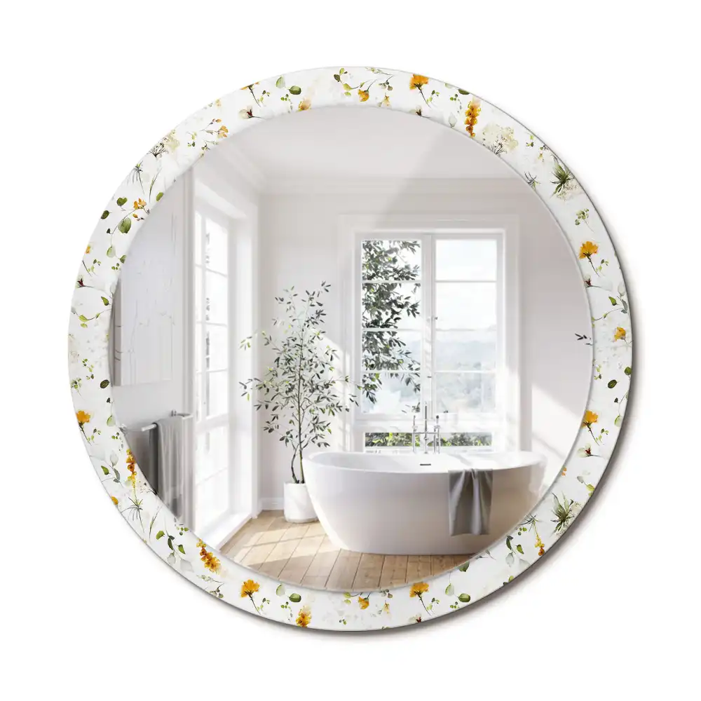 Oglindă rotundă cu ramă decorată cu imprimeu flori sălbatice