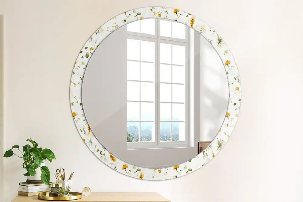 Oglindă rotundă cu ramă decorată cu imprimeu flori sălbatice