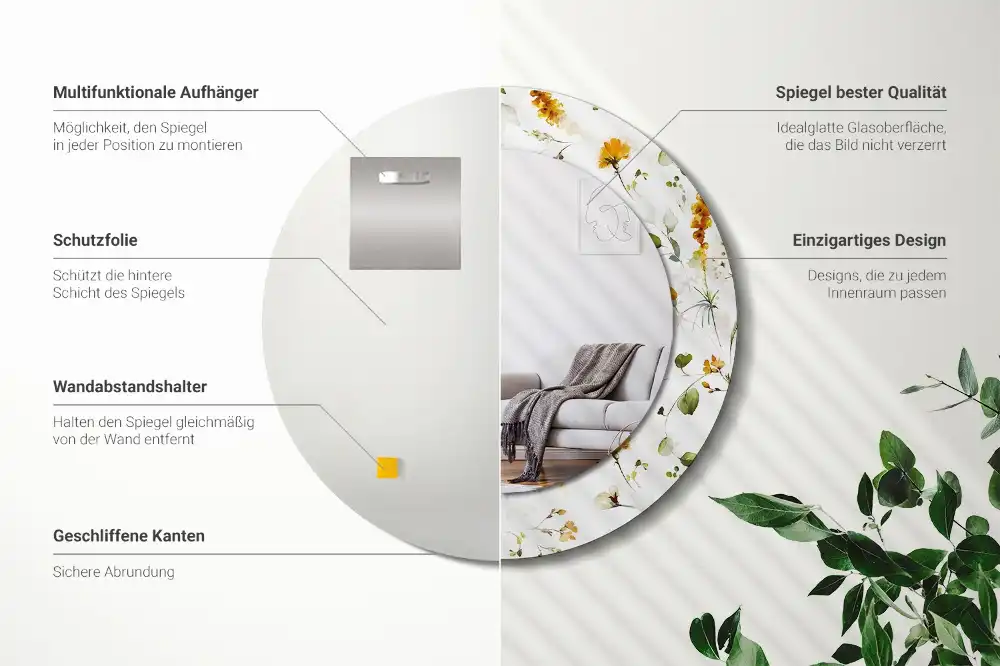 Oglindă rotundă cu ramă decorată cu imprimeu flori sălbatice