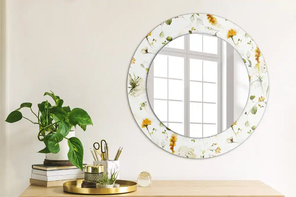 Oglindă rotundă cu ramă decorată cu imprimeu flori sălbatice