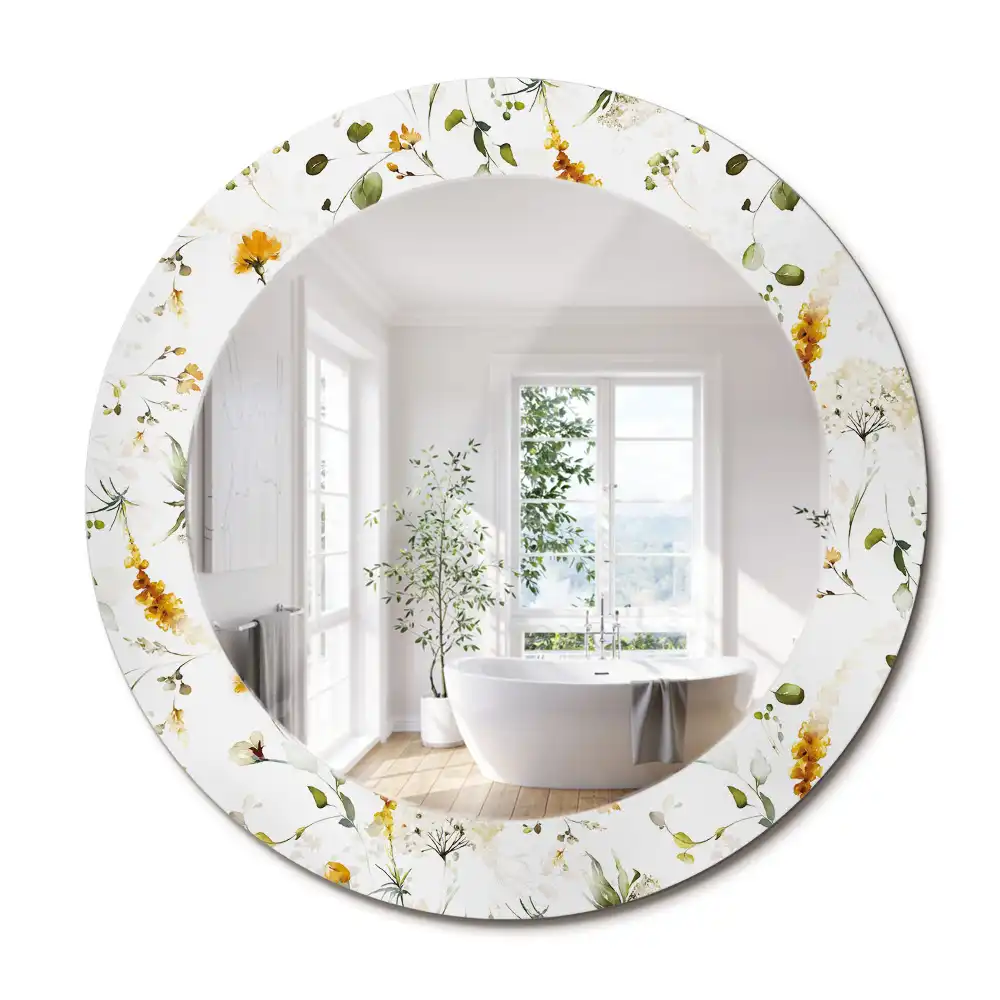 Oglindă rotundă cu ramă decorată cu imprimeu flori sălbatice