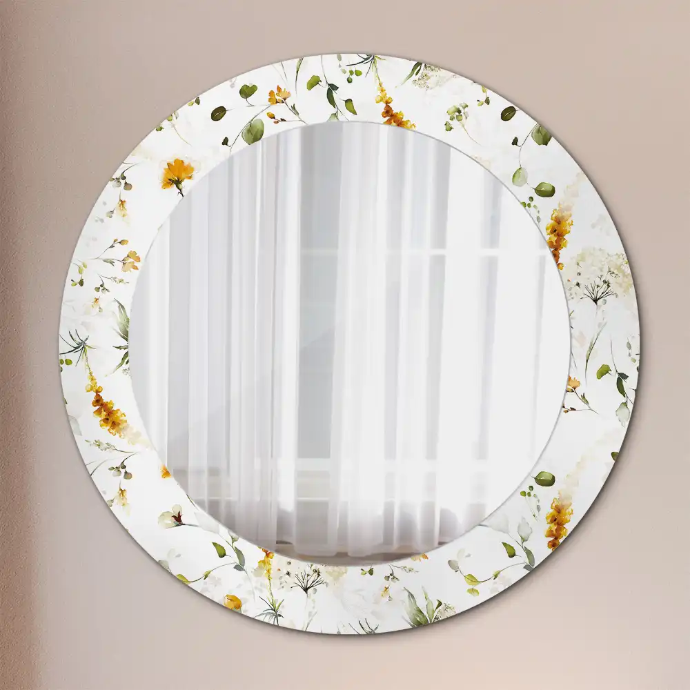 Oglindă rotundă cu ramă decorată cu imprimeu flori sălbatice