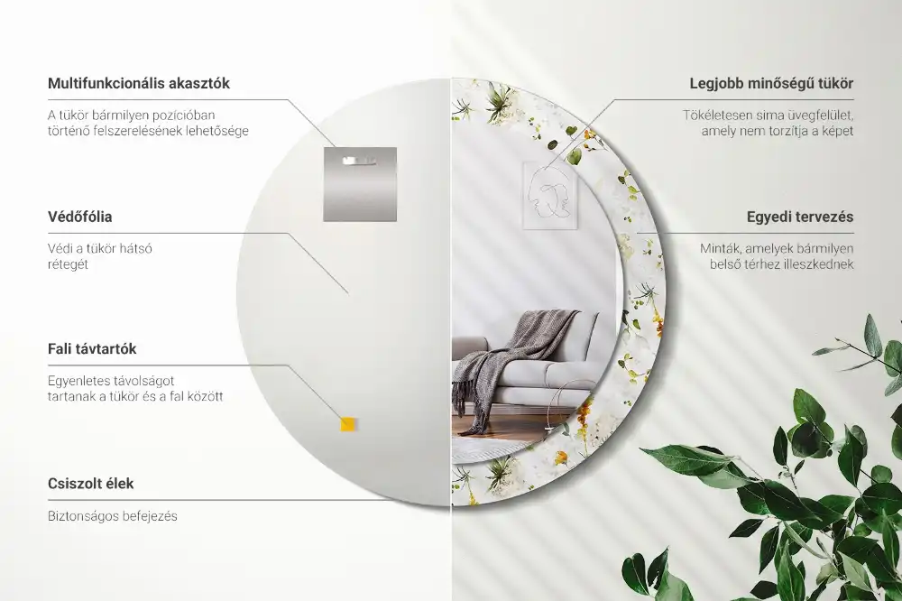 Oglindă rotundă cu ramă decorată cu imprimeu flori sălbatice