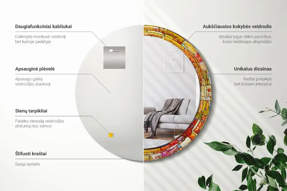Oglindă decorativă rotundă cu vitralii colorate