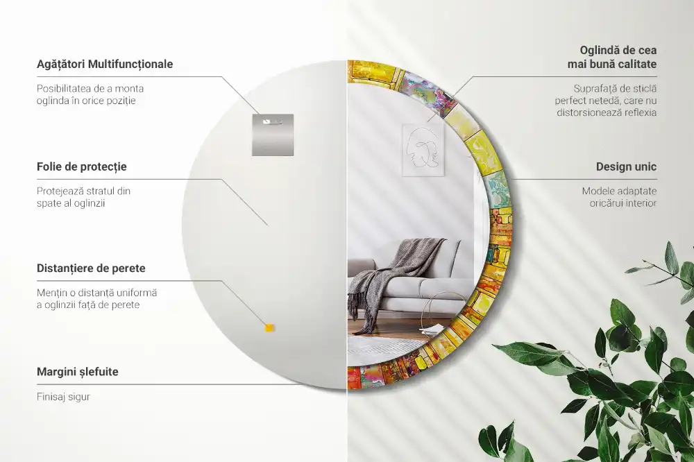 Oglindă decorativă rotundă cu vitralii colorate