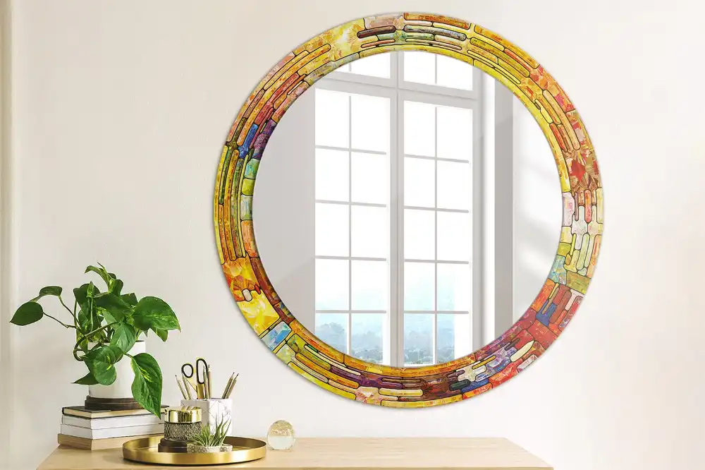 Oglindă decorativă rotundă cu vitralii colorate