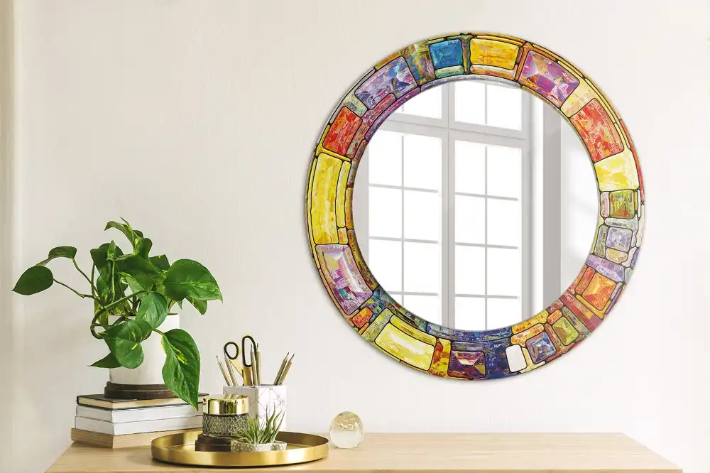 Oglindă decorativă rotundă cu vitralii colorate