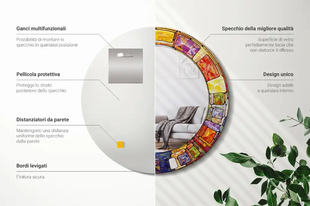 Oglindă decorativă rotundă cu vitralii colorate
