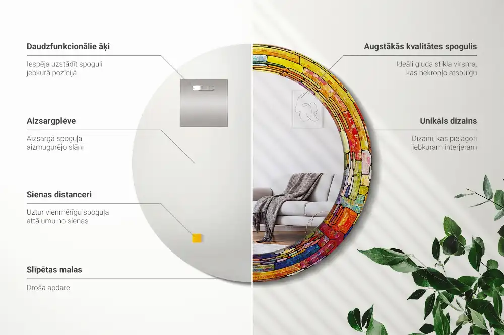Oglindă decorativă rotundă cu vitralii colorate