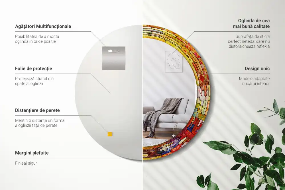 Oglindă decorativă rotundă cu vitralii colorate
