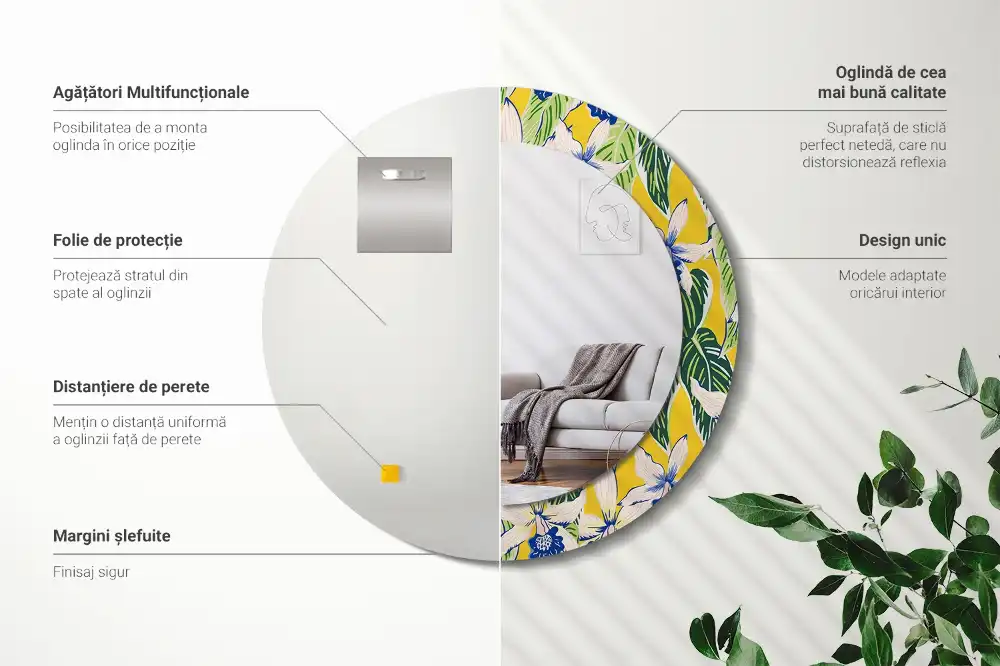 Oglindă decorativă rotundă de perete model orhidee