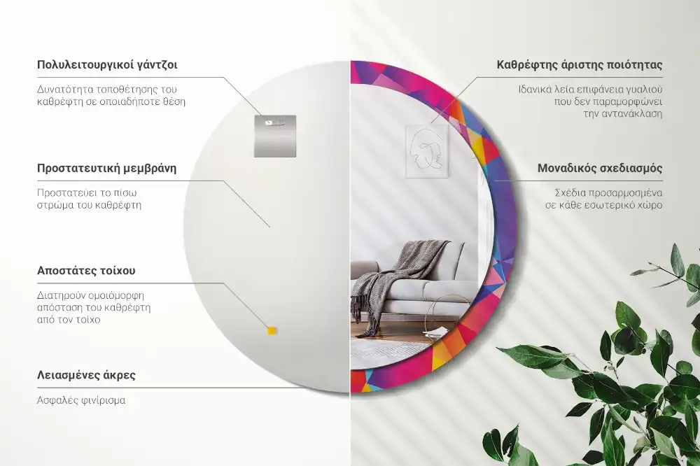 Oglindă rotundă cu ramă cu imprimeu geometric