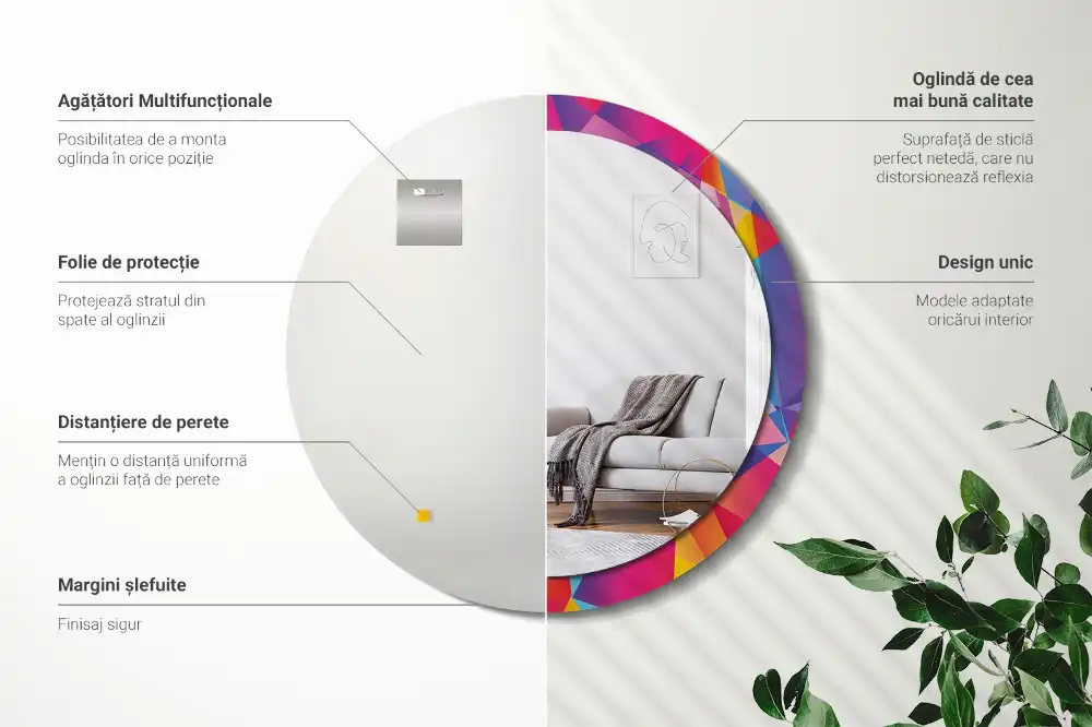 Oglindă rotundă cu ramă cu imprimeu geometric