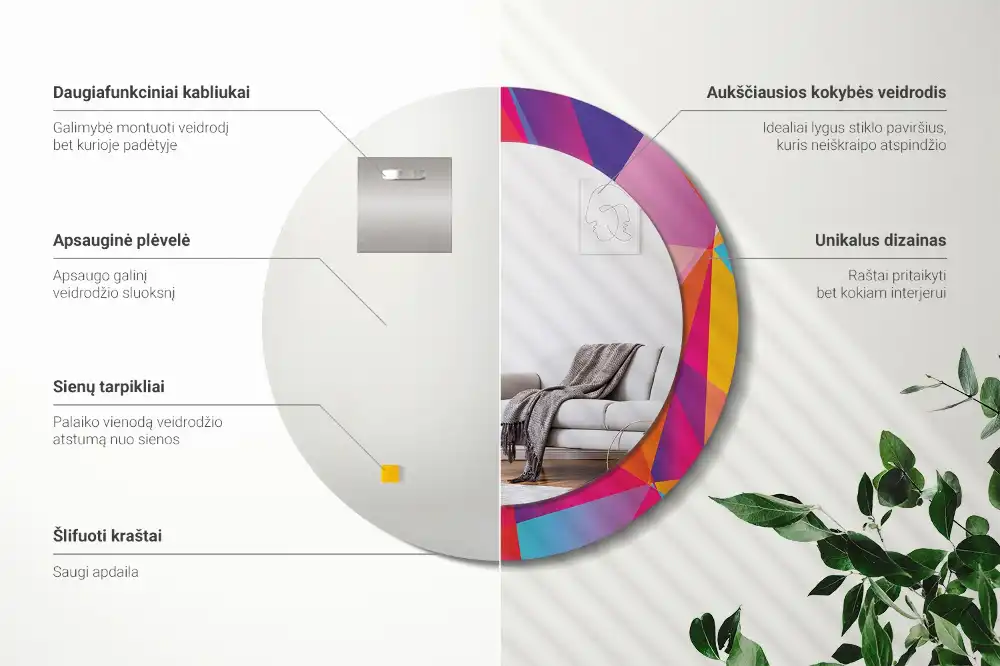 Oglindă rotundă cu ramă cu imprimeu geometric