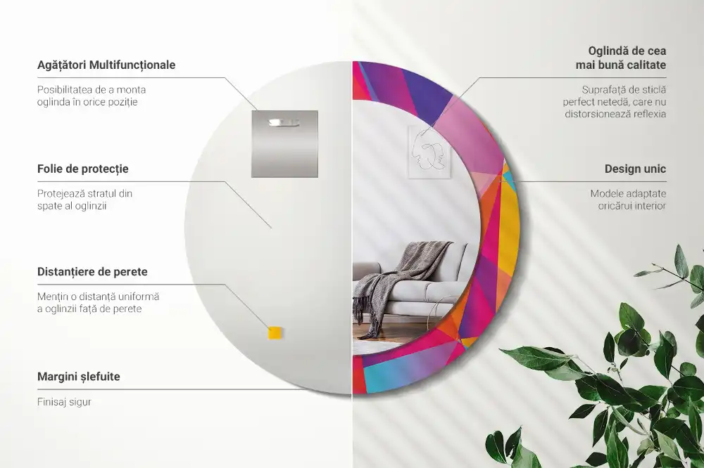 Oglindă rotundă cu ramă cu imprimeu geometric