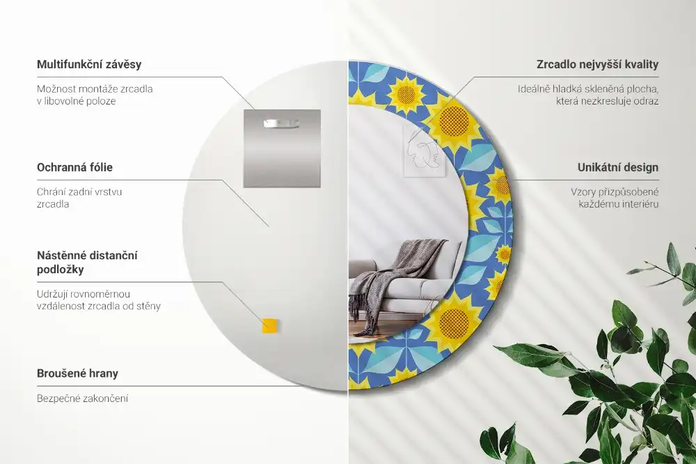 Oglindă rotundă cu imprimeu geometric floarea-soarelui