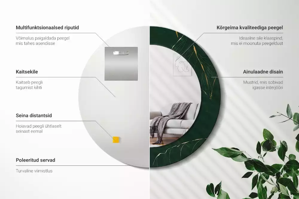 Oglindă rotundă cu ramă imprimată cu model de frunze
