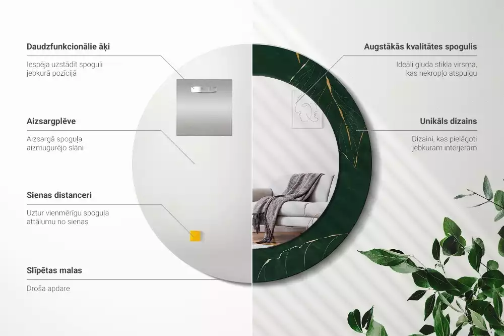 Oglindă rotundă cu ramă imprimată cu model de frunze