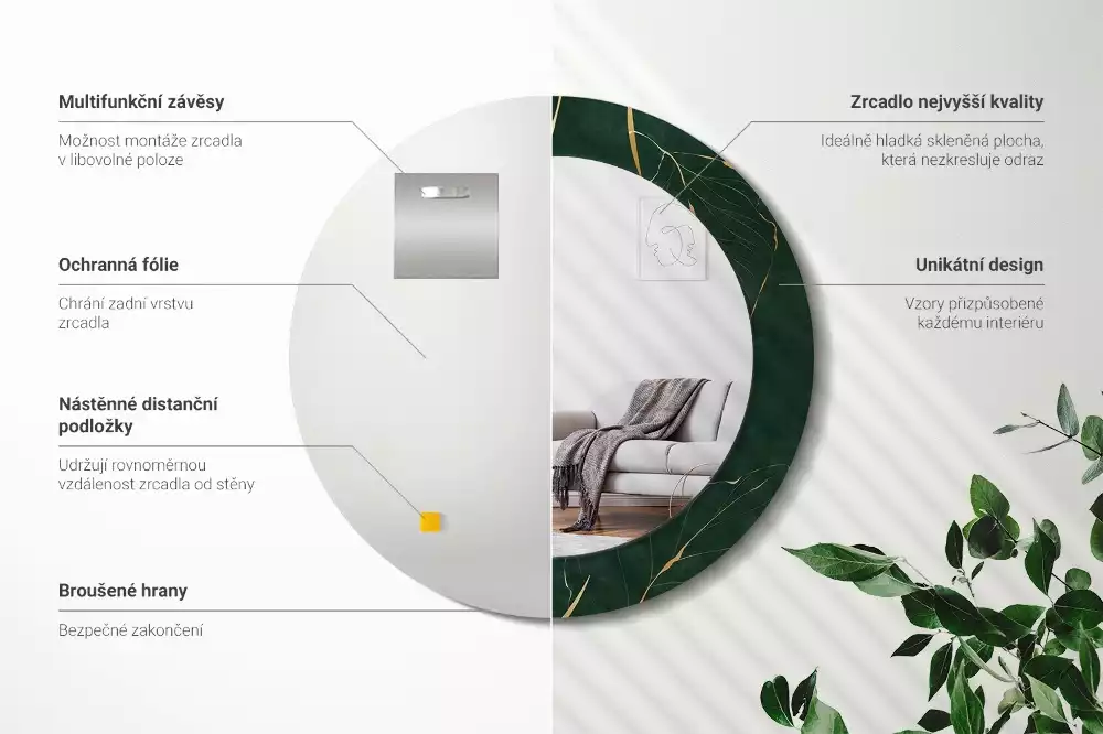 Oglindă rotundă cu ramă imprimată cu model de frunze