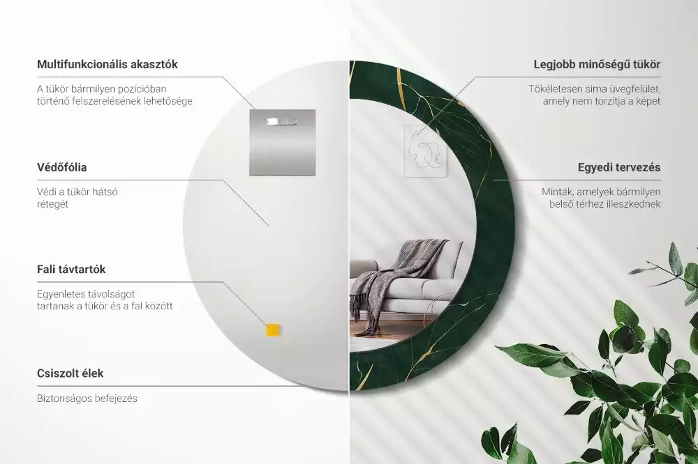 Oglindă rotundă cu ramă imprimată cu model de frunze
