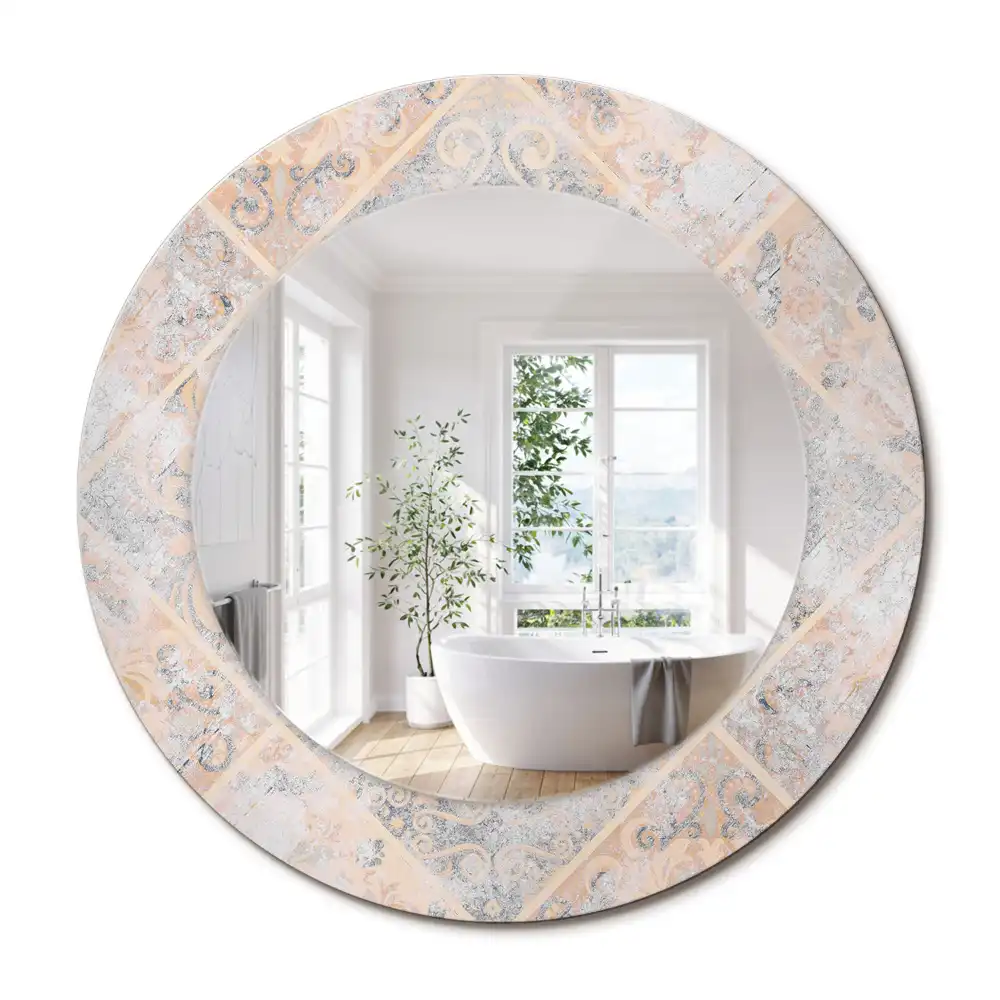 Oglindă rotundă decorativă cu aspect de plăci uzate pentru perete