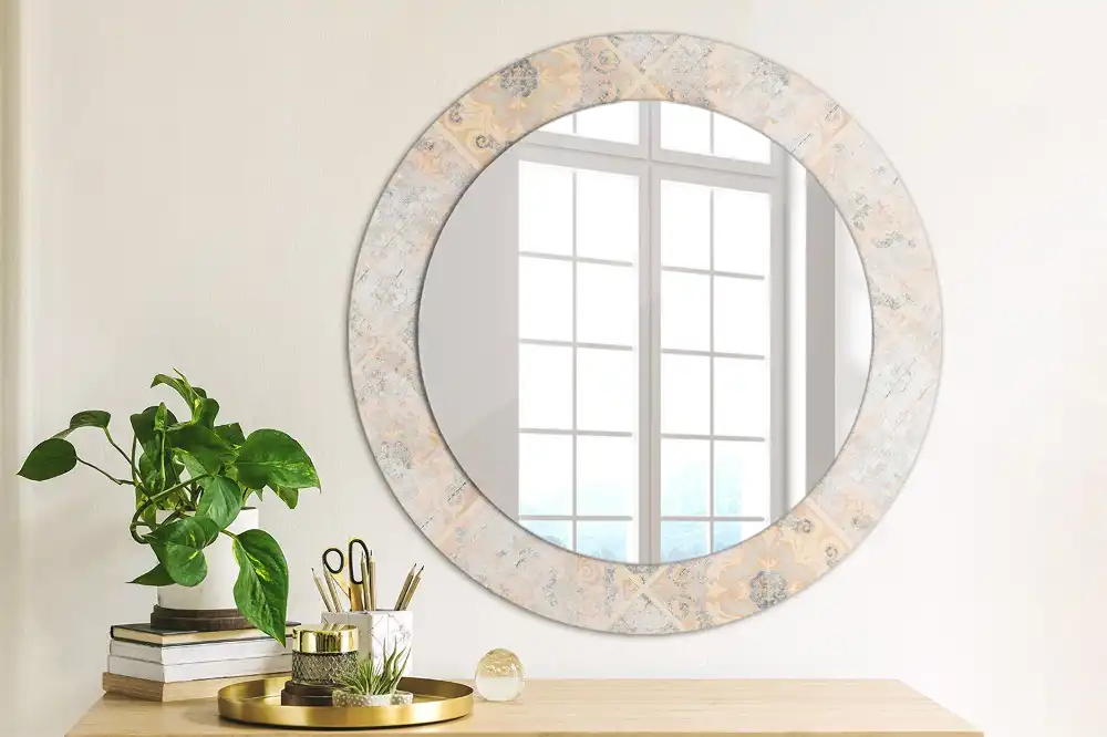 Oglindă rotundă decorativă cu aspect de plăci uzate pentru perete