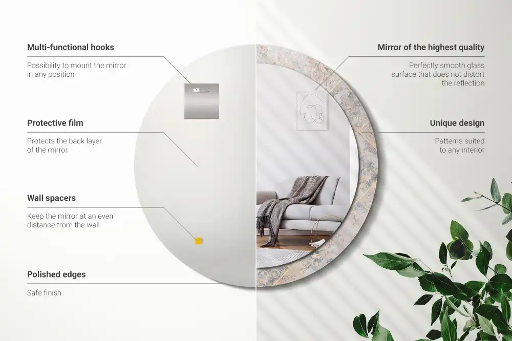 Oglindă rotundă decorativă cu aspect de plăci uzate pentru perete