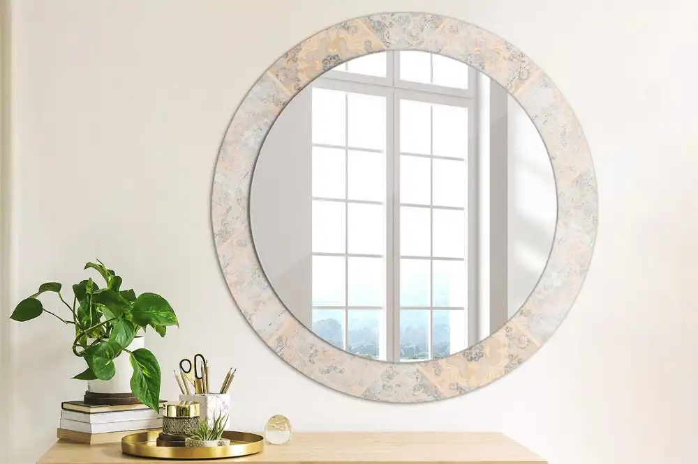 Oglindă rotundă decorativă cu aspect de plăci uzate pentru perete