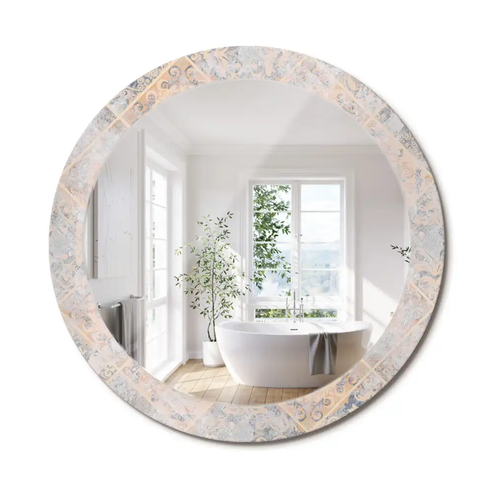 Oglindă rotundă decorativă cu aspect de plăci uzate pentru perete